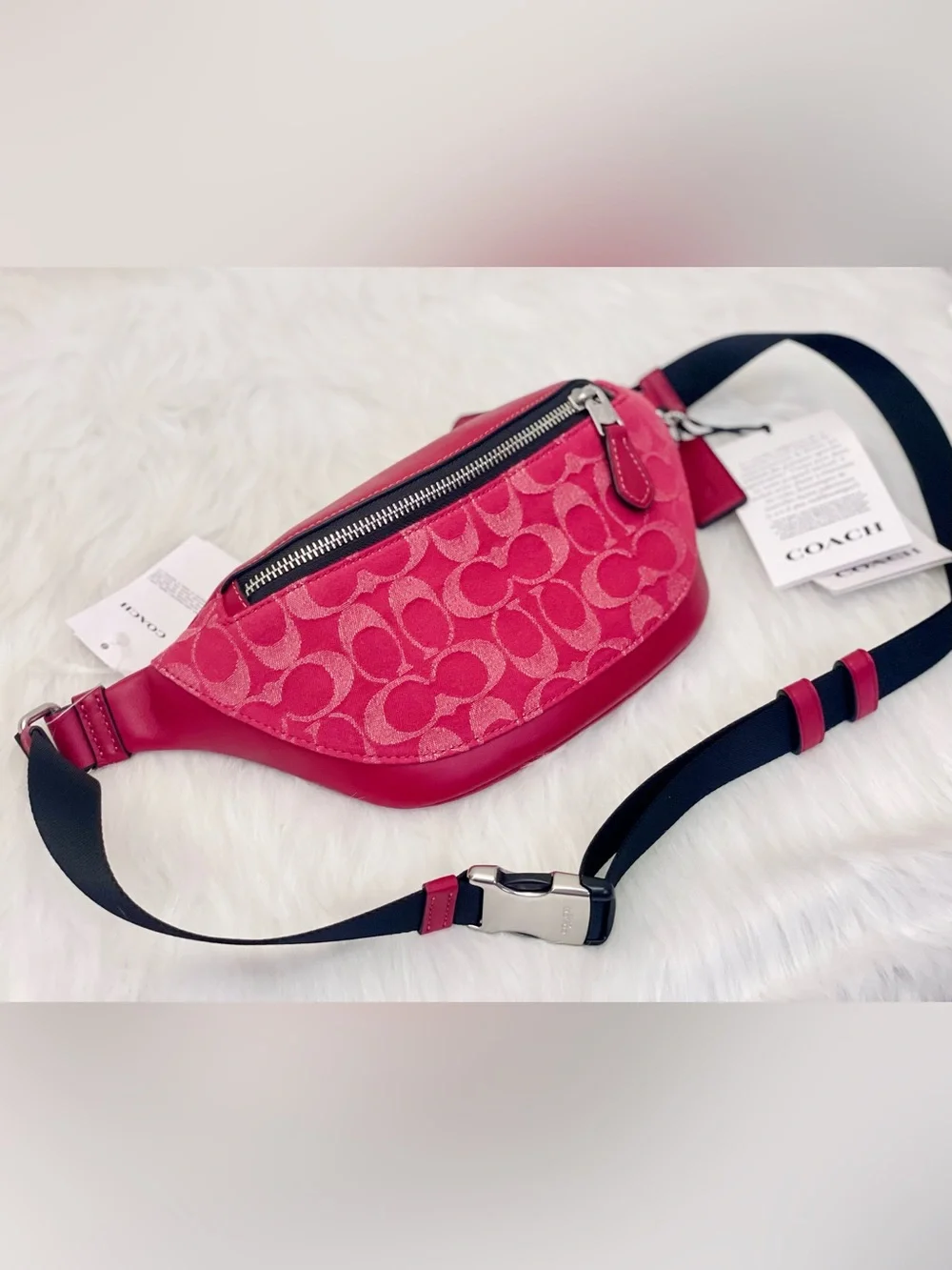 NWT Coach Warren Mini Signature Denim & Leather Belt Bag CAJ43 Ruby Red